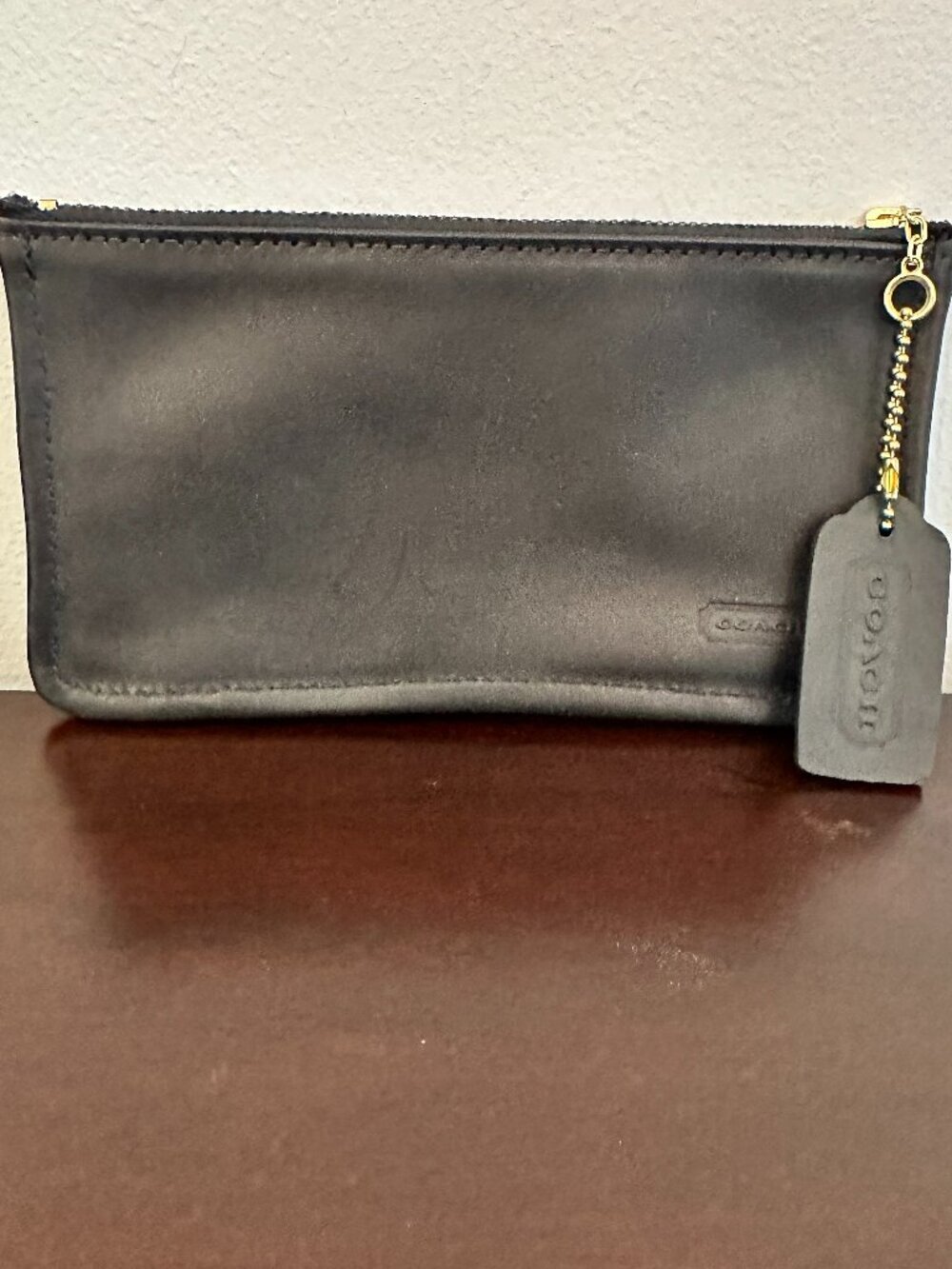 Vintage Coach 90s Black Leather Skinny Case Cosmetic Zip Pouch